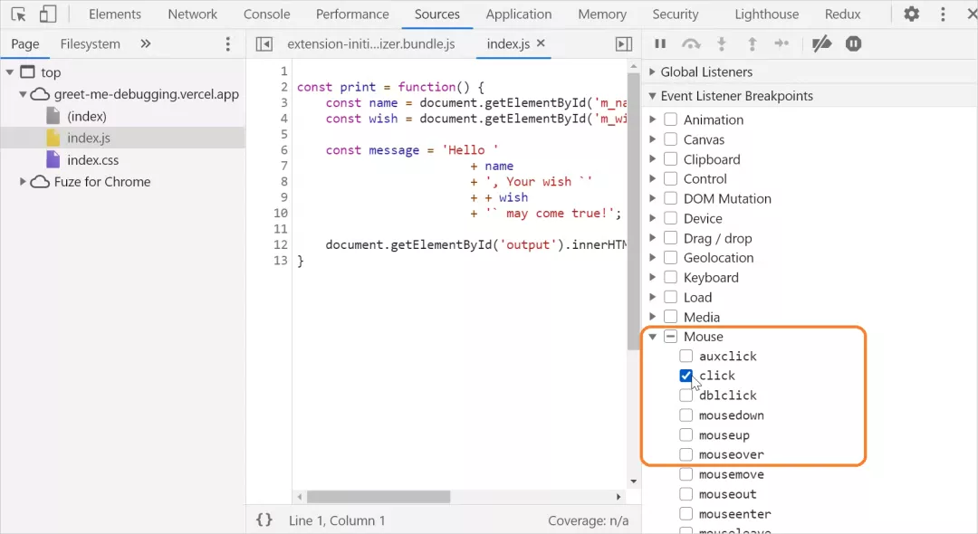 在事件监听器上设置断点