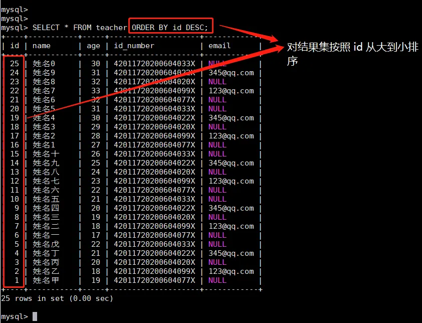 DESC 从大到小排序