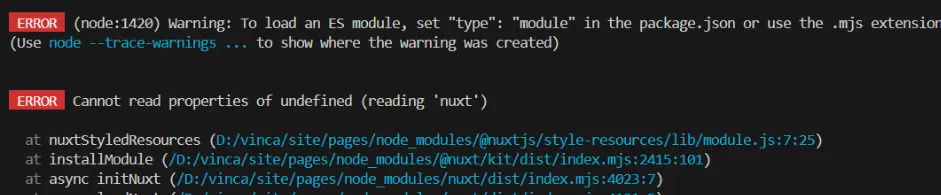 在 Nuxt.js 中的 nuxt.config.js 文件中遇到错误提示