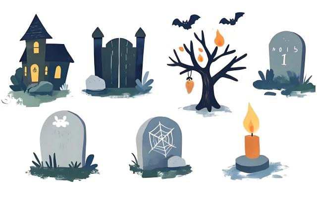 万圣节墓地场景矢量插图合集